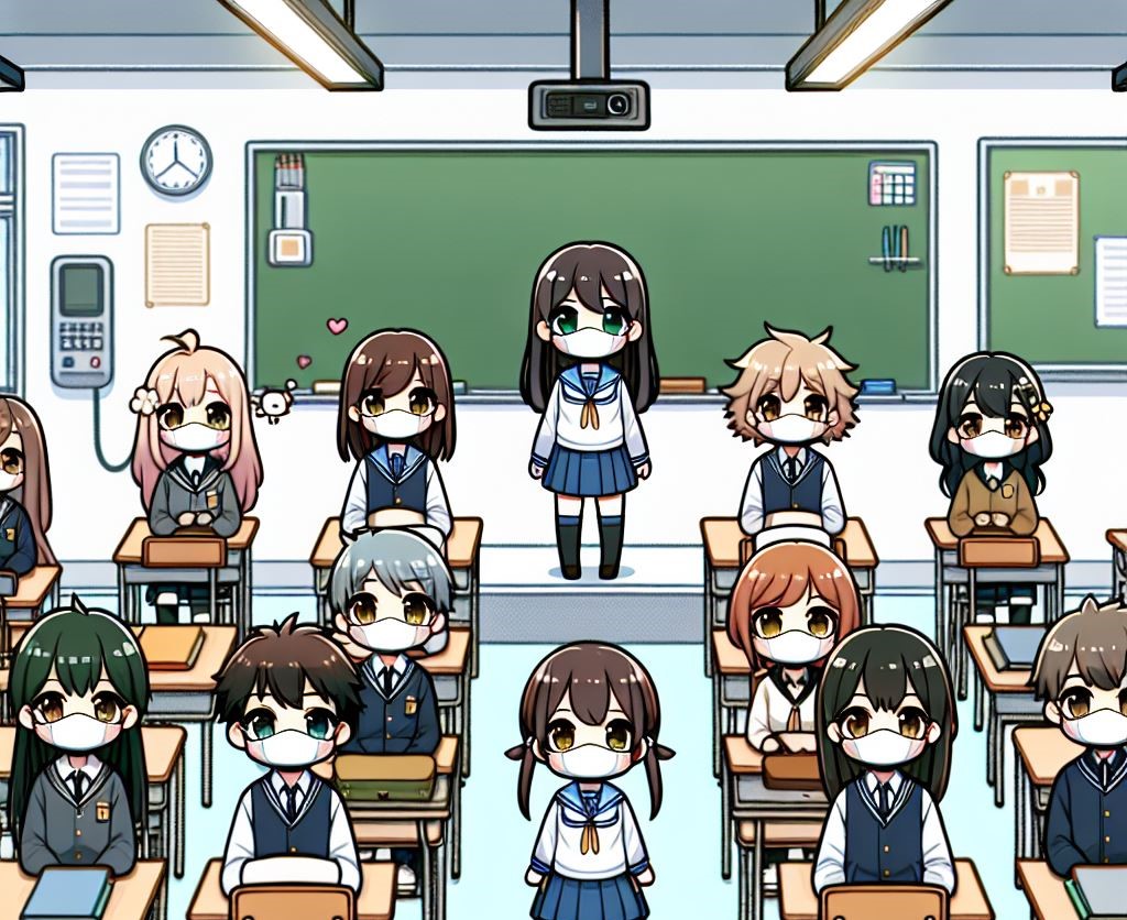 A cute anime-style illustration of a classroom scene with students seated at desks and a group of st (1)
